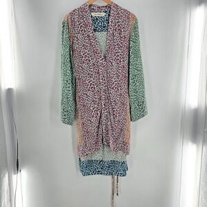 La Boheme Colorblock Abstract Print Wrap Midi Dress Tie Waist 100% Silk READ